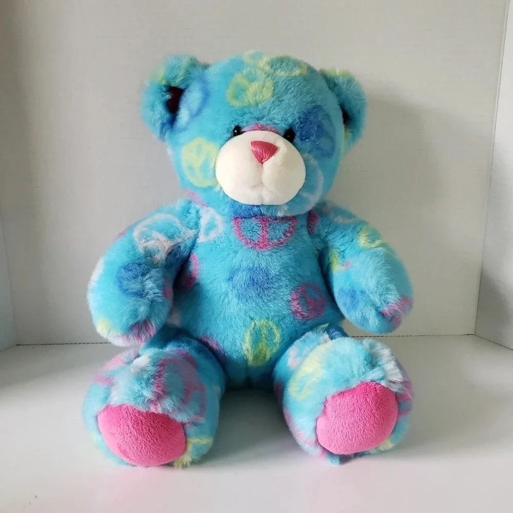 Build-A-Bear Plush Teal/Pink Peace Sign Teddy Bear.